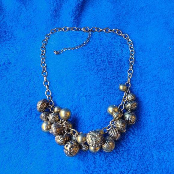 Cluster Carved Bronze Metal Beaded Charm Chunky Statement Necklace - Picture 1 of 6